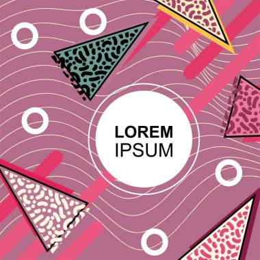 Çeşitli geometrik şekilli, süslemeli ve metin alanlı soyut arkaplan kare kartı. Geometrik memphis tarzıyla kare duvar kağıdı. Sosyal medya içeriği için kare biçiminde poster.