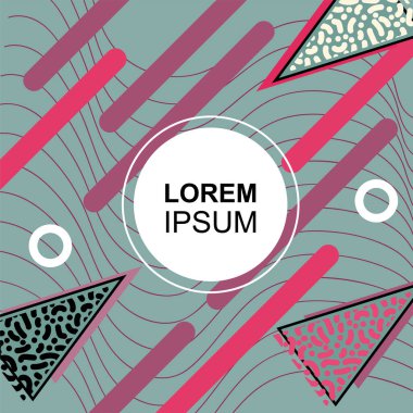 Çeşitli geometrik şekilli, süslemeli ve metin alanlı soyut arkaplan kare kartı. Geometrik memphis tarzıyla kare duvar kağıdı. Sosyal medya içeriği için kare biçiminde poster.