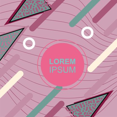 Çeşitli geometrik şekilli, süslemeli ve metin alanlı soyut arkaplan kare kartı. Geometrik memphis tarzıyla kare duvar kağıdı. Sosyal medya içeriği için kare biçiminde poster.