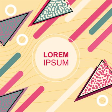 Çeşitli geometrik şekilli, süslemeli ve metin alanlı soyut arkaplan kare kartı. Geometrik memphis tarzıyla kare duvar kağıdı. Sosyal medya içeriği için kare biçiminde poster.