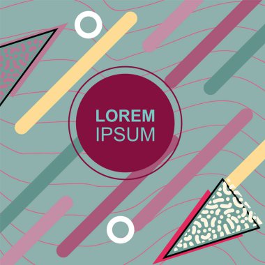 Çeşitli geometrik şekilli, süslemeli ve metin alanlı soyut arkaplan kare kartı. Geometrik memphis tarzıyla kare duvar kağıdı. Sosyal medya içeriği için kare biçiminde poster.