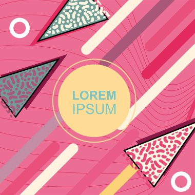 Çeşitli geometrik şekilli, süslemeli ve metin alanlı soyut arkaplan kare kartı. Geometrik memphis tarzıyla kare duvar kağıdı. Sosyal medya içeriği için kare biçiminde poster.