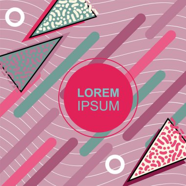 Çeşitli geometrik şekilli, süslemeli ve metin alanlı soyut arkaplan kare kartı. Geometrik memphis tarzıyla kare duvar kağıdı. Sosyal medya içeriği için kare biçiminde poster.