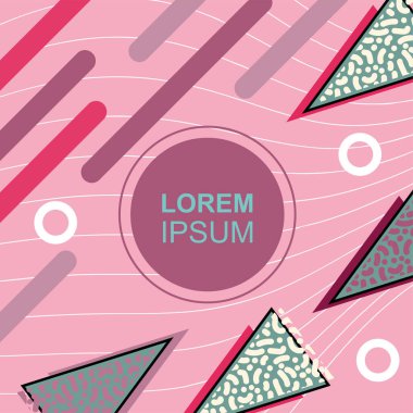 Çeşitli geometrik şekilli, süslemeli ve metin alanlı soyut arkaplan kare kartı. Geometrik memphis tarzıyla kare duvar kağıdı. Sosyal medya içeriği için kare biçiminde poster.