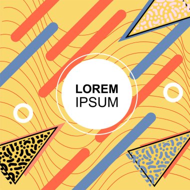 Çeşitli geometrik şekilli, süslemeli ve metin alanlı soyut arkaplan kare kartı. Geometrik memphis tarzıyla kare duvar kağıdı. Sosyal medya içeriği için kare biçiminde poster.