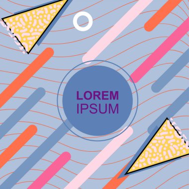 Çeşitli geometrik şekilli, süslemeli ve metin alanlı soyut arkaplan kare kartı. Geometrik memphis tarzıyla kare duvar kağıdı. Sosyal medya içeriği için kare biçiminde poster.