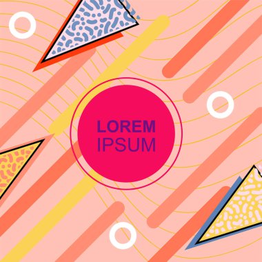 Çeşitli geometrik şekilli, süslemeli ve metin alanlı soyut arkaplan kare kartı. Geometrik memphis tarzıyla kare duvar kağıdı. Sosyal medya içeriği için kare biçiminde poster.