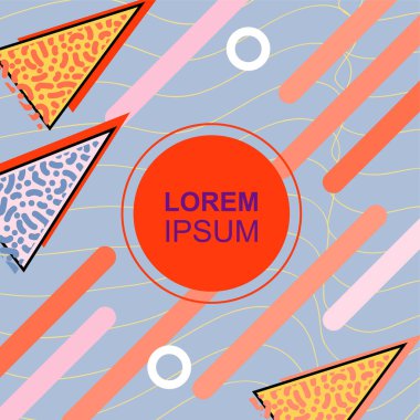 Çeşitli geometrik şekilli, süslemeli ve metin alanlı soyut arkaplan kare kartı. Geometrik memphis tarzıyla kare duvar kağıdı. Sosyal medya içeriği için kare biçiminde poster.