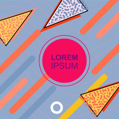 Çeşitli geometrik şekilli, süslemeli ve metin alanlı soyut arkaplan kare kartı. Geometrik memphis tarzıyla kare duvar kağıdı. Sosyal medya içeriği için kare biçiminde poster.