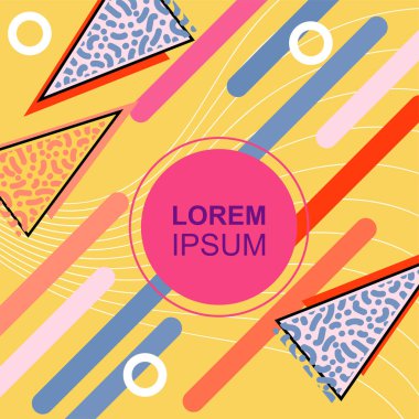 Çeşitli geometrik şekilli, süslemeli ve metin alanlı soyut arkaplan kare kartı. Geometrik memphis tarzıyla kare duvar kağıdı. Sosyal medya içeriği için kare biçiminde poster.