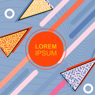 Çeşitli geometrik şekilli, süslemeli ve metin alanlı soyut arkaplan kare kartı. Geometrik memphis tarzıyla kare duvar kağıdı. Sosyal medya içeriği için kare biçiminde poster.