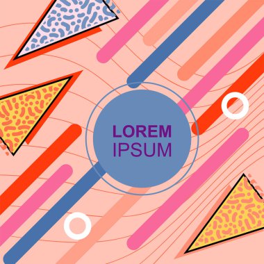 Çeşitli geometrik şekilli, süslemeli ve metin alanlı soyut arkaplan kare kartı. Geometrik memphis tarzıyla kare duvar kağıdı. Sosyal medya içeriği için kare biçiminde poster.