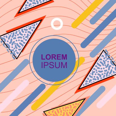 Çeşitli geometrik şekilli, süslemeli ve metin alanlı soyut arkaplan kare kartı. Geometrik memphis tarzıyla kare duvar kağıdı. Sosyal medya içeriği için kare biçiminde poster.