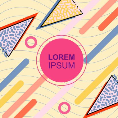 Çeşitli geometrik şekilli, süslemeli ve metin alanlı soyut arkaplan kare kartı. Geometrik memphis tarzıyla kare duvar kağıdı. Sosyal medya içeriği için kare biçiminde poster.