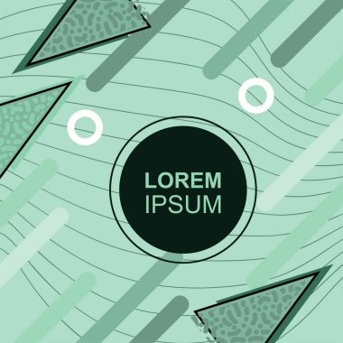 Çeşitli geometrik şekilli, süslemeli ve metin alanlı soyut arkaplan kare kartı. Geometrik memphis tarzıyla kare duvar kağıdı. Sosyal medya içeriği için kare biçiminde poster.