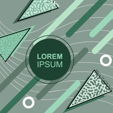 Çeşitli geometrik şekilli, süslemeli ve metin alanlı soyut arkaplan kare kartı. Geometrik memphis tarzıyla kare duvar kağıdı. Sosyal medya içeriği için kare biçiminde poster.