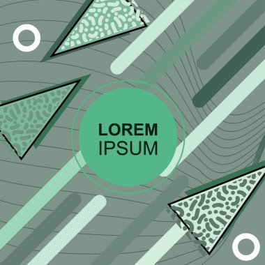 Çeşitli geometrik şekilli, süslemeli ve metin alanlı soyut arkaplan kare kartı. Geometrik memphis tarzıyla kare duvar kağıdı. Sosyal medya içeriği için kare biçiminde poster.