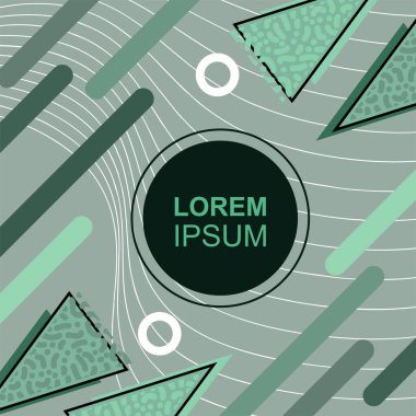 Çeşitli geometrik şekilli, süslemeli ve metin alanlı soyut arkaplan kare kartı. Geometrik memphis tarzıyla kare duvar kağıdı. Sosyal medya içeriği için kare biçiminde poster.