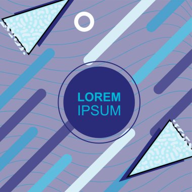 Çeşitli geometrik şekilli, süslemeli ve metin alanlı soyut arkaplan kare kartı. Geometrik memphis tarzıyla kare duvar kağıdı. Sosyal medya içeriği için kare biçiminde poster.