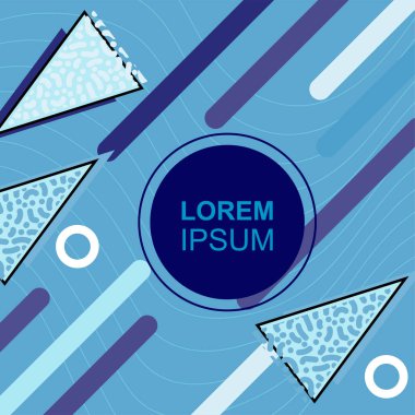 Çeşitli geometrik şekilli, süslemeli ve metin alanlı soyut arkaplan kare kartı. Geometrik memphis tarzıyla kare duvar kağıdı. Sosyal medya içeriği için kare biçiminde poster.