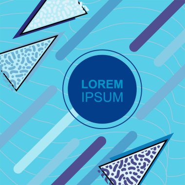 Çeşitli geometrik şekilli, süslemeli ve metin alanlı soyut arkaplan kare kartı. Geometrik memphis tarzıyla kare duvar kağıdı. Sosyal medya içeriği için kare biçiminde poster.