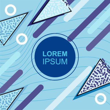 Çeşitli geometrik şekilli, süslemeli ve metin alanlı soyut arkaplan kare kartı. Geometrik memphis tarzıyla kare duvar kağıdı. Sosyal medya içeriği için kare biçiminde poster.