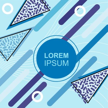 Çeşitli geometrik şekilli, süslemeli ve metin alanlı soyut arkaplan kare kartı. Geometrik memphis tarzıyla kare duvar kağıdı. Sosyal medya içeriği için kare biçiminde poster.