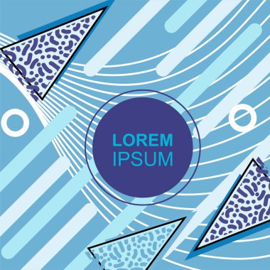 Çeşitli geometrik şekilli, süslemeli ve metin alanlı soyut arkaplan kare kartı. Geometrik memphis tarzıyla kare duvar kağıdı. Sosyal medya içeriği için kare biçiminde poster.