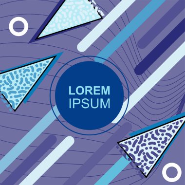 Çeşitli geometrik şekilli, süslemeli ve metin alanlı soyut arkaplan kare kartı. Geometrik memphis tarzıyla kare duvar kağıdı. Sosyal medya içeriği için kare biçiminde poster.