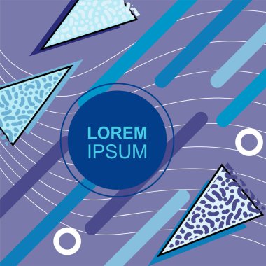 Çeşitli geometrik şekilli, süslemeli ve metin alanlı soyut arkaplan kare kartı. Geometrik memphis tarzıyla kare duvar kağıdı. Sosyal medya içeriği için kare biçiminde poster.