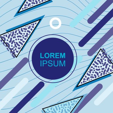 Çeşitli geometrik şekilli, süslemeli ve metin alanlı soyut arkaplan kare kartı. Geometrik memphis tarzıyla kare duvar kağıdı. Sosyal medya içeriği için kare biçiminde poster.