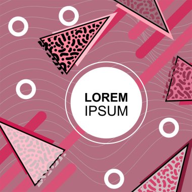 Çeşitli geometrik şekilli, süslemeli ve metin alanlı soyut arkaplan kare kartı. Geometrik memphis tarzıyla kare duvar kağıdı. Sosyal medya içeriği için kare biçiminde poster.