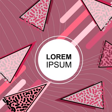 Çeşitli geometrik şekilli, süslemeli ve metin alanlı soyut arkaplan kare kartı. Geometrik memphis tarzıyla kare duvar kağıdı. Sosyal medya içeriği için kare biçiminde poster.