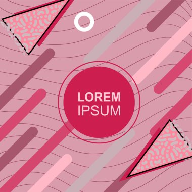 Çeşitli geometrik şekilli, süslemeli ve metin alanlı soyut arkaplan kare kartı. Geometrik memphis tarzıyla kare duvar kağıdı. Sosyal medya içeriği için kare biçiminde poster.