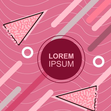 Çeşitli geometrik şekilli, süslemeli ve metin alanlı soyut arkaplan kare kartı. Geometrik memphis tarzıyla kare duvar kağıdı. Sosyal medya içeriği için kare biçiminde poster.