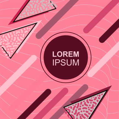 Çeşitli geometrik şekilli, süslemeli ve metin alanlı soyut arkaplan kare kartı. Geometrik memphis tarzıyla kare duvar kağıdı. Sosyal medya içeriği için kare biçiminde poster.