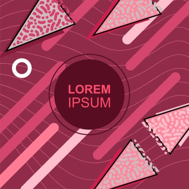 Çeşitli geometrik şekilli, süslemeli ve metin alanlı soyut arkaplan kare kartı. Geometrik memphis tarzıyla kare duvar kağıdı. Sosyal medya içeriği için kare biçiminde poster.