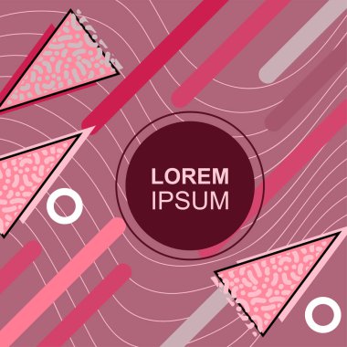 Çeşitli geometrik şekilli, süslemeli ve metin alanlı soyut arkaplan kare kartı. Geometrik memphis tarzıyla kare duvar kağıdı. Sosyal medya içeriği için kare biçiminde poster.
