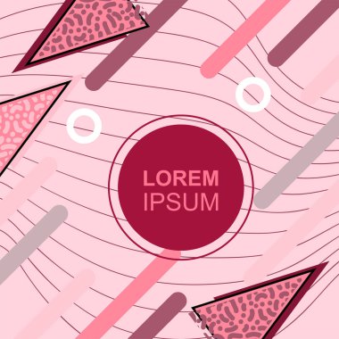 Çeşitli geometrik şekilli, süslemeli ve metin alanlı soyut arkaplan kare kartı. Geometrik memphis tarzıyla kare duvar kağıdı. Sosyal medya içeriği için kare biçiminde poster.