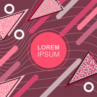 Çeşitli geometrik şekilli, süslemeli ve metin alanlı soyut arkaplan kare kartı. Geometrik memphis tarzıyla kare duvar kağıdı. Sosyal medya içeriği için kare biçiminde poster.