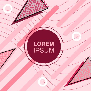 Çeşitli geometrik şekilli, süslemeli ve metin alanlı soyut arkaplan kare kartı. Geometrik memphis tarzıyla kare duvar kağıdı. Sosyal medya içeriği için kare biçiminde poster.