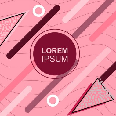 Çeşitli geometrik şekilli, süslemeli ve metin alanlı soyut arkaplan kare kartı. Geometrik memphis tarzıyla kare duvar kağıdı. Sosyal medya içeriği için kare biçiminde poster.