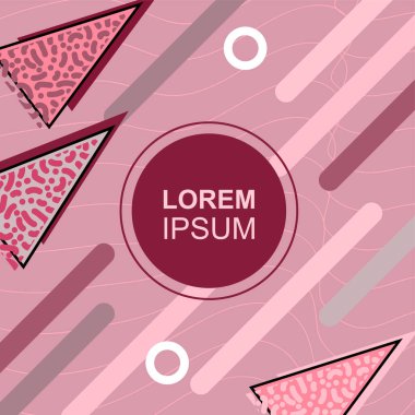 Çeşitli geometrik şekilli, süslemeli ve metin alanlı soyut arkaplan kare kartı. Geometrik memphis tarzıyla kare duvar kağıdı. Sosyal medya içeriği için kare biçiminde poster.