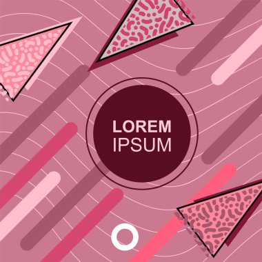 Çeşitli geometrik şekilli, süslemeli ve metin alanlı soyut arkaplan kare kartı. Geometrik memphis tarzıyla kare duvar kağıdı. Sosyal medya içeriği için kare biçiminde poster.