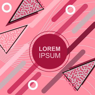 Çeşitli geometrik şekilli, süslemeli ve metin alanlı soyut arkaplan kare kartı. Geometrik memphis tarzıyla kare duvar kağıdı. Sosyal medya içeriği için kare biçiminde poster.