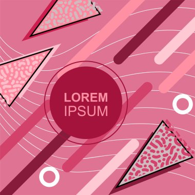 Çeşitli geometrik şekilli, süslemeli ve metin alanlı soyut arkaplan kare kartı. Geometrik memphis tarzıyla kare duvar kağıdı. Sosyal medya içeriği için kare biçiminde poster.