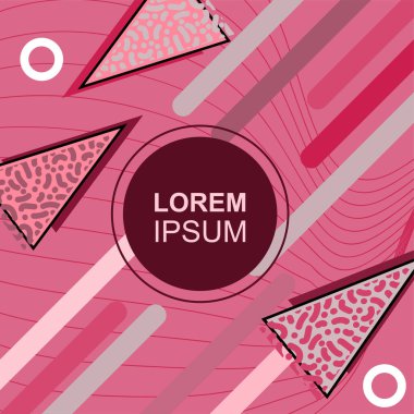 Çeşitli geometrik şekilli, süslemeli ve metin alanlı soyut arkaplan kare kartı. Geometrik memphis tarzıyla kare duvar kağıdı. Sosyal medya içeriği için kare biçiminde poster.