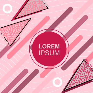 Çeşitli geometrik şekilli, süslemeli ve metin alanlı soyut arkaplan kare kartı. Geometrik memphis tarzıyla kare duvar kağıdı. Sosyal medya içeriği için kare biçiminde poster.