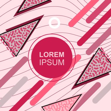 Çeşitli geometrik şekilli, süslemeli ve metin alanlı soyut arkaplan kare kartı. Geometrik memphis tarzıyla kare duvar kağıdı. Sosyal medya içeriği için kare biçiminde poster.