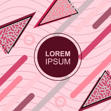 Çeşitli geometrik şekilli, süslemeli ve metin alanlı soyut arkaplan kare kartı. Geometrik memphis tarzıyla kare duvar kağıdı. Sosyal medya içeriği için kare biçiminde poster.